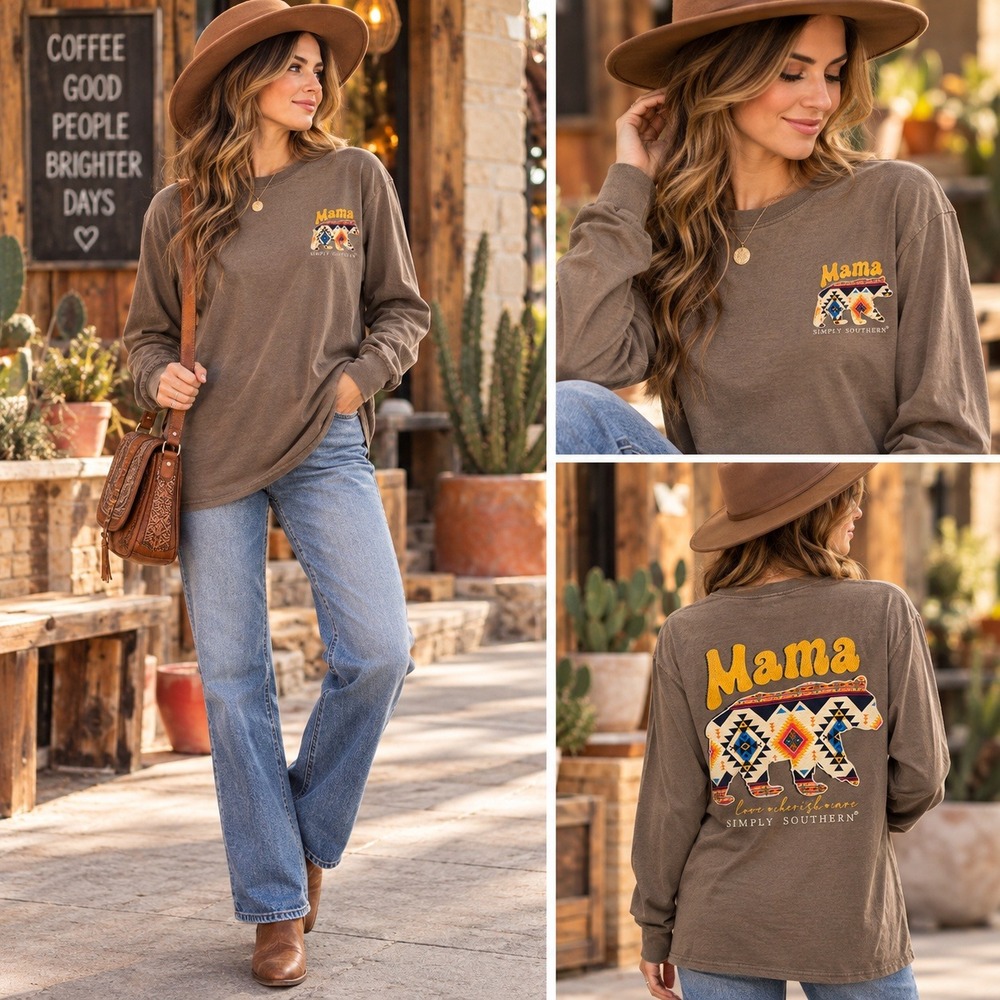 Simply Southern Mama Bear Aztec Graphic Long Sleeve T-Shirt Brown Women Small